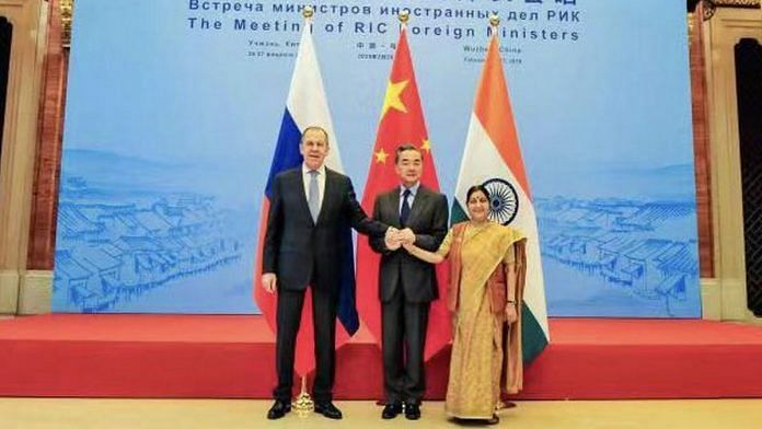 India’s External Affairs Minister Sushma Swaraj, Russian Foreign Minister Sergei Lavrov and Chinese Foreign Minister Wang Yi at the16th meeting of the foreign ministers of Russia, India and China (RIC) | Twitter/@airnewsalerts