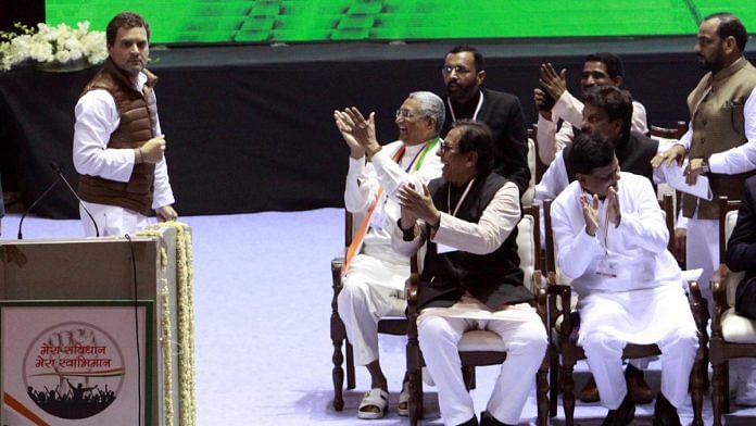 Senior Congress leaders on the dias cheer Rahul Gandhi's speech at the convention | Praveen Jain/ThePrint
