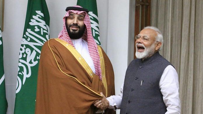 Saudi Crown Prince Mohammed Bin Salman and PM Modi at Hyderabad House in New Delhi | Praveen Jain/ThePrint.in