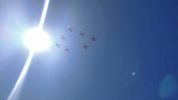 The incomplete diamond formation of Surya Kirans seen at Aero India | Snehesh Alex Philip/ThePrint