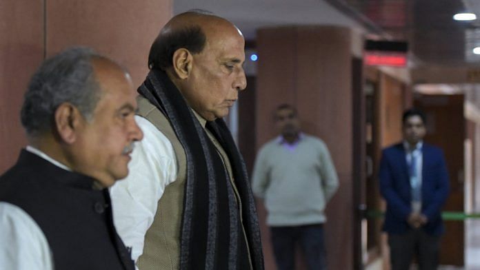 Rajnath Singh arrives for an all-party meeting on the Pulwama terror attack at Parliament House | File Photo: Vijay Verma | PTI