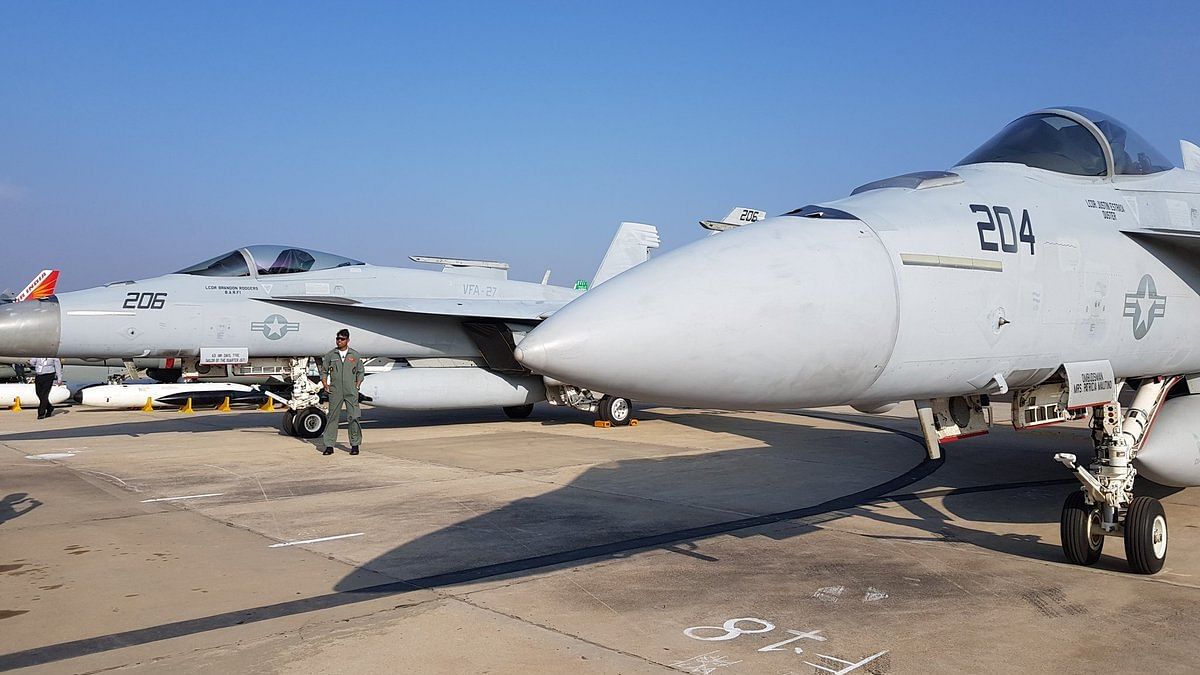 An F/A-18 Super Hornet manufactured by Boeing at the Aero India 2019 | Twitter/@Boeing_In