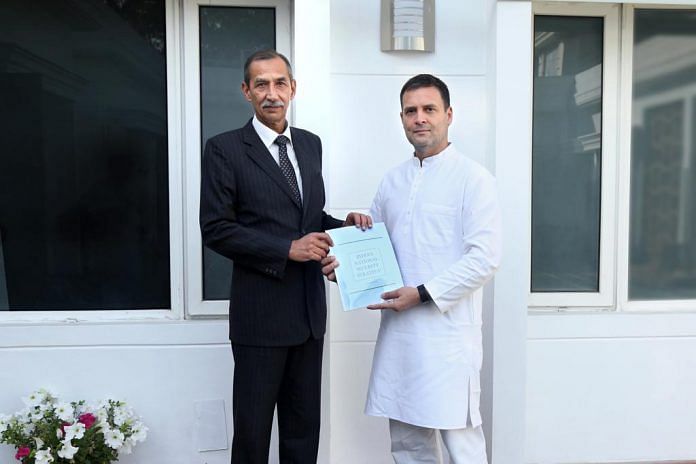 Lt. General (Retd.) Deepender Singh Hooda handing over report to Congress President Rahul Gandhi