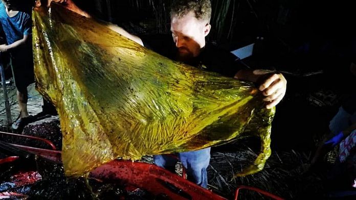 A marine biologist pulls out plastic found inside the whale | @AssaadRazzouk| Twitter