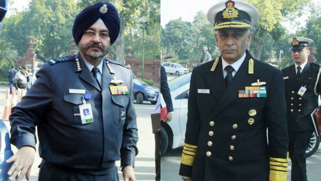 Air Chief Marshal B.S. Dhanoa and Indian Navy chief Admiral Sunil Lanba