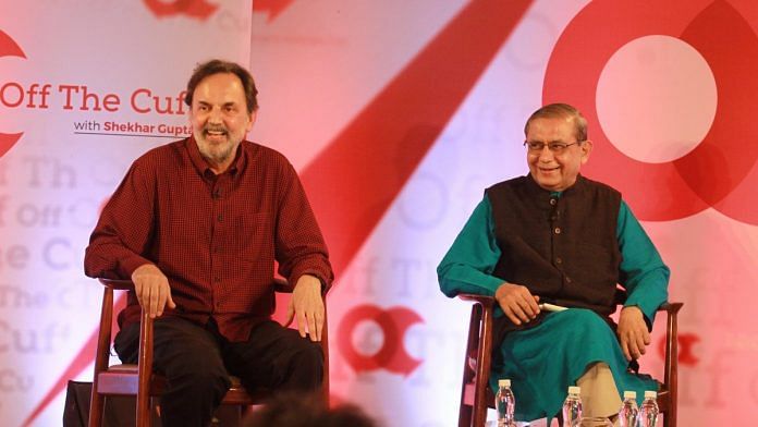 Prannoy Roy (L) with Dorab R. Sopariwala (R) at Off The Cuff in Mumbai | ThePrint