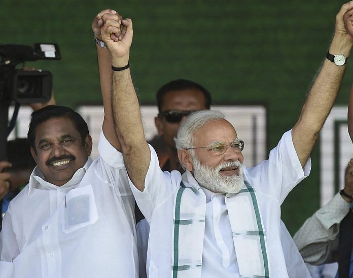 PM Narendra Modi, Tamil Nadu CM K. Palaniswami and PMK founder Ramadoss join hands during a public rally | PTI