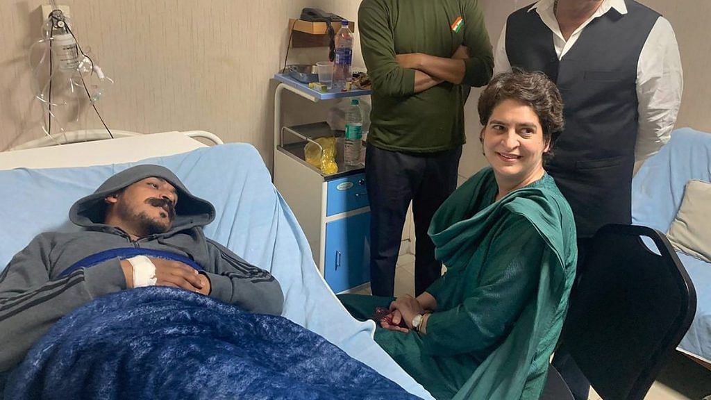 Congress General Secretary Priyanka Gandhi Vadra visits Bhim Army chief Chandrashekhar Azad at a hospital in Meerut | PTI