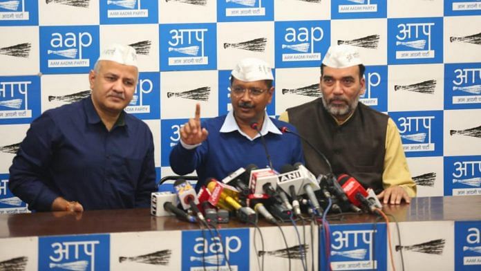 Delhi CM and AAP chief Arvind Kejriwal (C) with deputy CM Manish Sisodia and Gopal Rai at the press conference | PTI