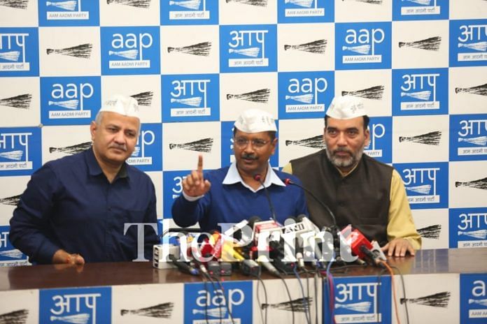 Delhi CM and AAP chief Arvind Kejriwal (C) with deputy CM Manish Sisodia and Gopal Rai at the press conference | Suraj Singh Bisht