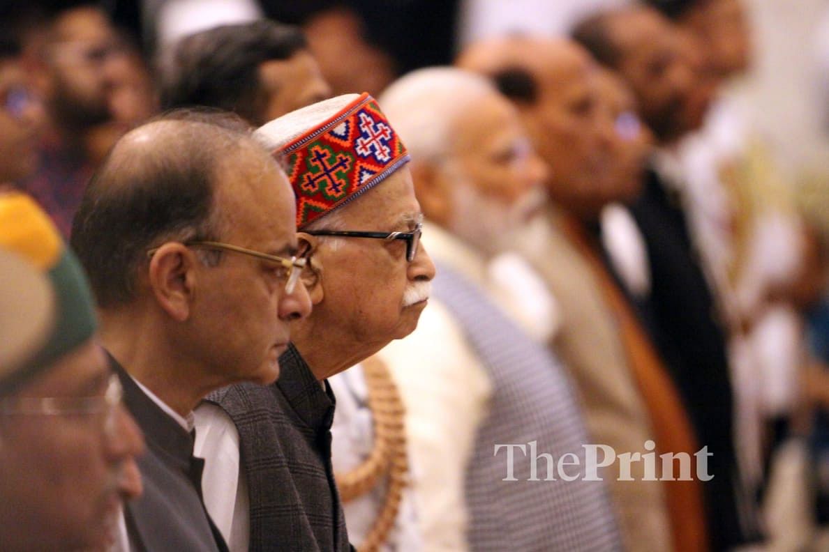 Senior BJP leader L.K. Advani (right), minister of finance Arun Jaitley (left) along with other leaders at the Padma Awards ceremony | Praveen Jain / ThePrint.in 