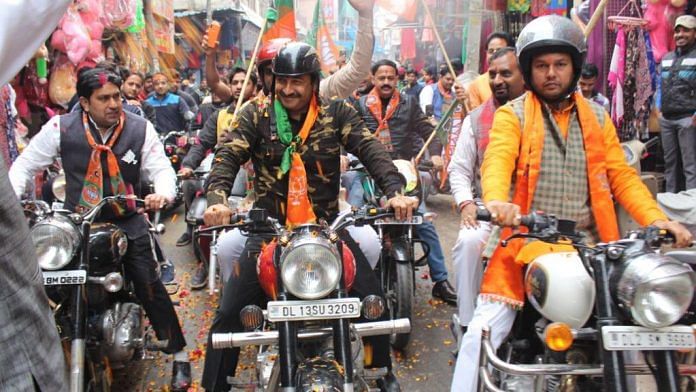 Manoj Tiwari during the BJP bike rally