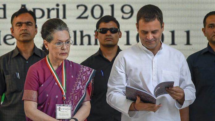 Congress president Rahul Gandhi and senior party leader Sonia Gandhi during the release of the party's manifesto | Kamal Singh/PTI