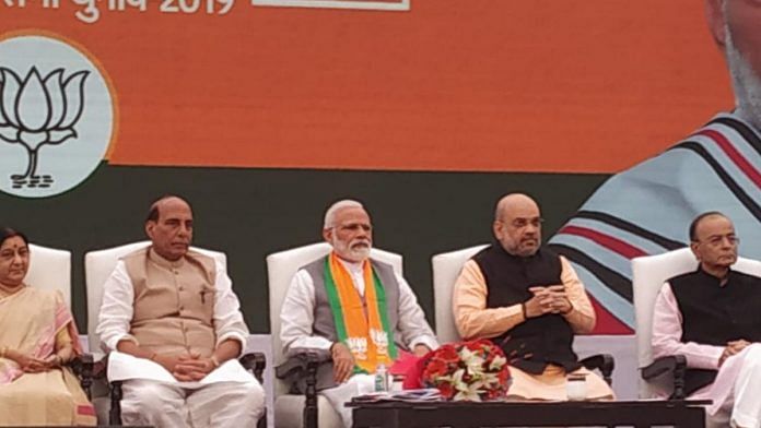 (L-R) Sushma Swaraj, Rajnath Singh, Narendra Modi, Amit Shah and Arun Jaitley at the BJP manifesto launch