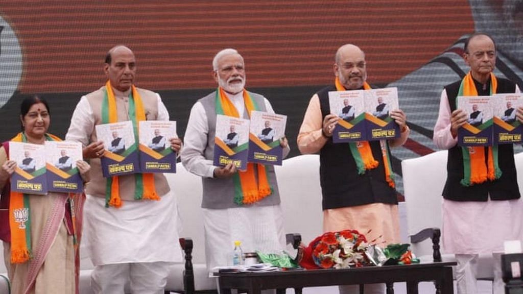 PM Narendra Modi (centre) with Union ministers Sushma Swaraj, Rajnath Singh, BJP president Amit Shah and finance minister Arun Jaitley at the launch of the party's manifesto in New Delhi on Monday | Praveen Jain| ThePrint