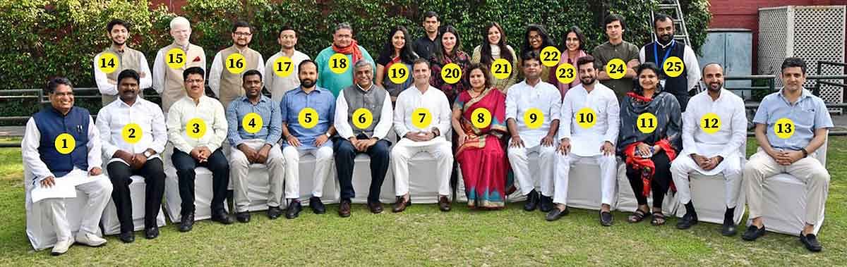 The team of researchers; From left- 1. Ved Prakash 2. Vijay Chandra 3. Prem Bahukhandi 4. Ragghu Dodderi 5. Amol Deshmukh 6. Rajeev Gowda 7. Congress chief Rahul Gandhi 8. Leni Jadhav 9. Harshvardhan Shyam 10. Aamer Jaaved 11. Kanksshi Agarwal 12. Amit Sihag 13. Amitabh Dube Upper row from left: 14. Angad Kapoor 15. Ayush 16. Varat Pandey 17. Akash Satyawali 18. Gaurav Kapoor 19. Pooja Bhari 20. Nur Laiq 21. Saumya Varma 22. Tarana Rao 23. Manisha Shastri 24. Siddharth Jain 25. Varun Santosh