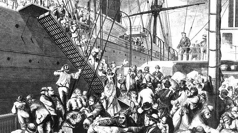 German emigrants boarding a steamer in Hamburg, Germany to go to US