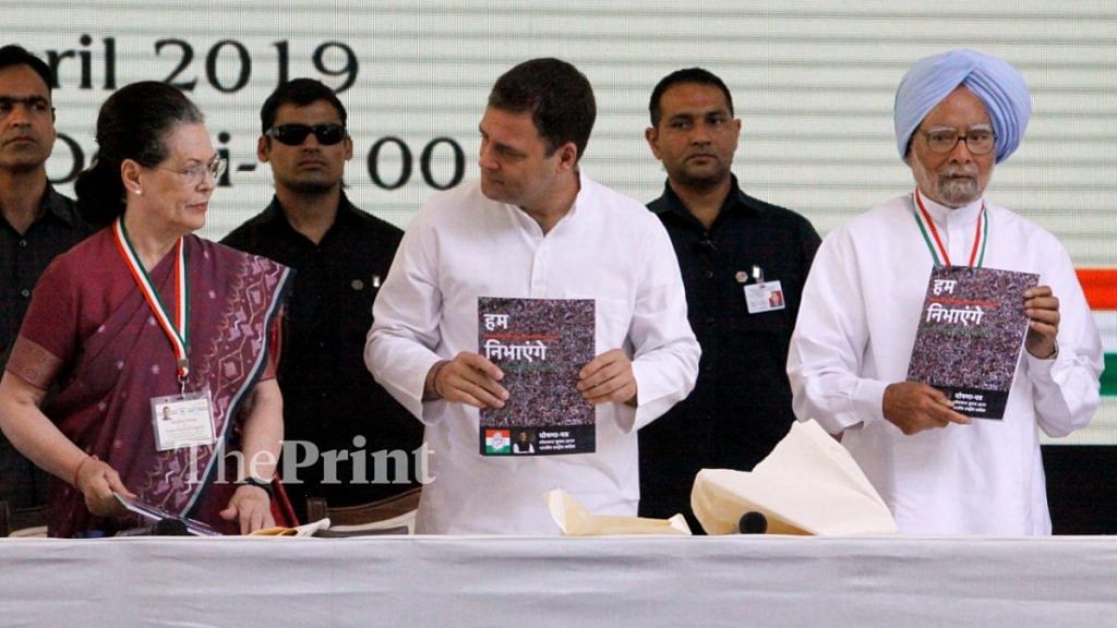 L-R: UPA chairperson Sonia Gandhi, Congress president Rahul Gandhi, Congress leader Manmohan Singh at the manifesto launch | Praveen Jain/ThePrint