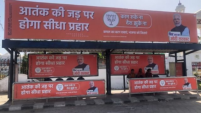 A bus stop in Bhopal district plastered with BJP’s posters