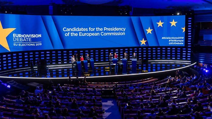 Lead candidates during the presidential candidate debate in the European Union (EU) parliament building in Brussels, Belgium
