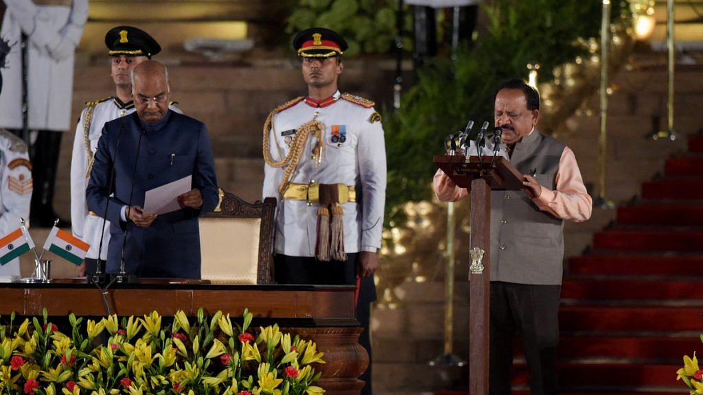 Harsh Vardhan being sworn-in as a cabinet minister by President Ram Nath Kovind during the swearing-in ceremony at the forecourt of Rashtrapati Bhawan