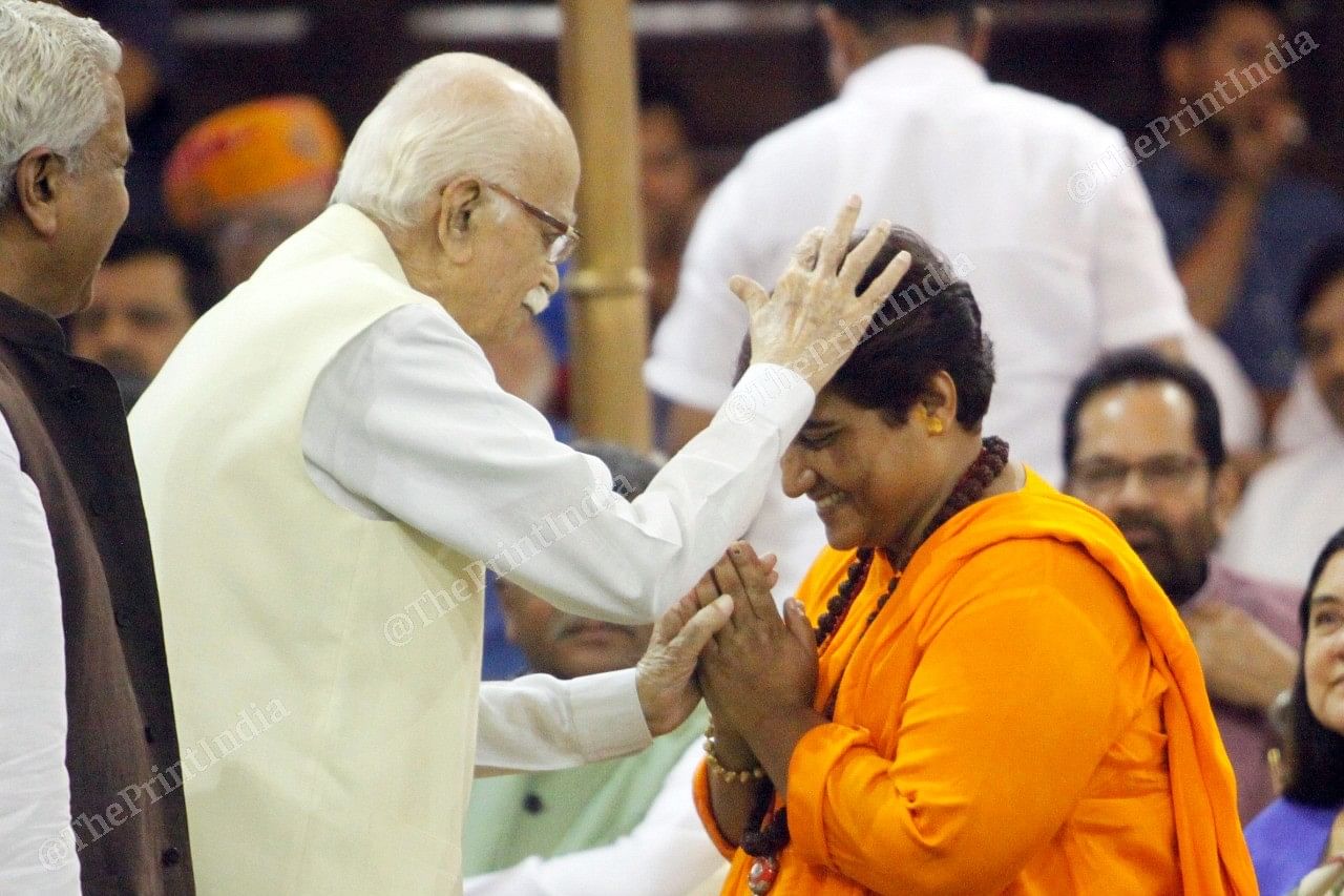 Party veteran L.K. Advani blessed Pragya Thakur, who won the Bhopal seat for BJP | Photo: Praveen Jain | ThePrint