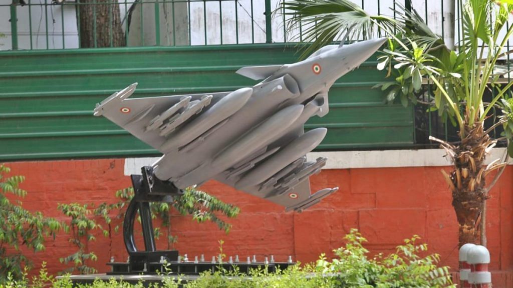 A replica of a Rafale jet on display outside the Indian Air Force chief's residence, near the Congress party's headquarters in New Delhi | Photo: Suraj Singh Bisht | ThePrint