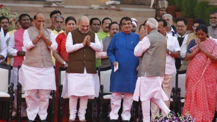 Prime Minister Narendra Modi greets Rajnath Singh, Amit Shah, Nitin Gadkari and Nirmala Sitharaman during the swearing-in ceremony at Rashtrapathi Bhavan in New Delhi on 30 May | Photo: Praveen Jain | ThePrint