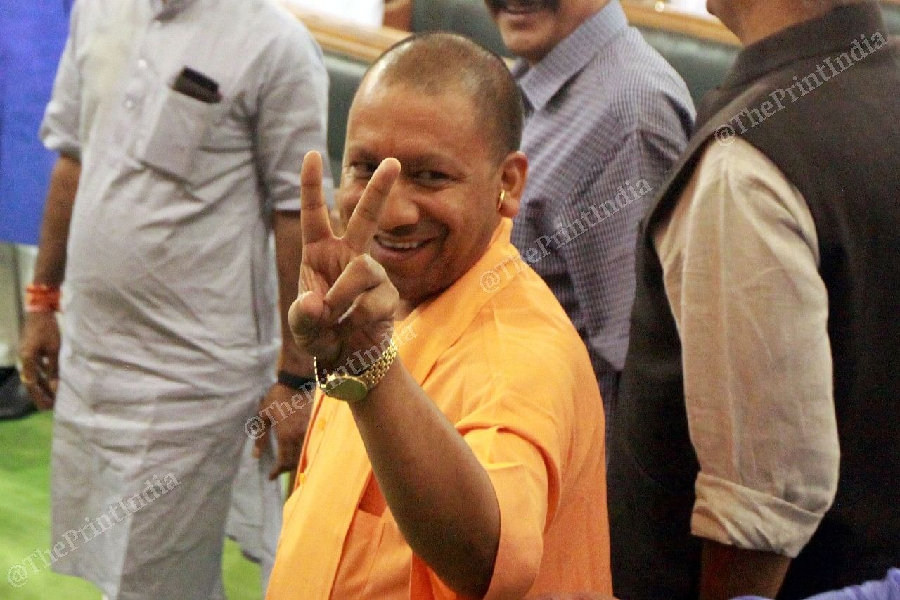 Uttar Pradesh CM shows off victory symbol | Photo: Praveen Jain | ThePrint
