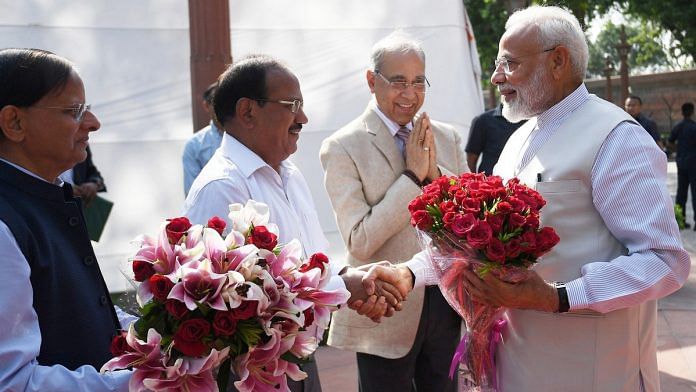 PM Modi with Shri Nripendra Misra, National Security Adviser Ajit Doval and Dr. P.K. Mishra