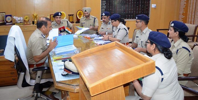 DGP Manoj Yadava in a meeting with senior police officers from Gurugram, Rohtak and Rewari