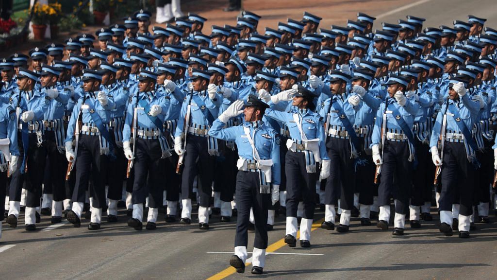 An Indian Air Force contingent marches along the Rajpath during the Republic Day parade in New Delhi