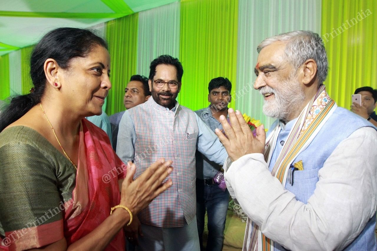 Finance minister Nirmala Sitharaman greets MP Ashwini Kumar Choubey at Naqvi's residence | Photo: Praveen Jain | ThePrint