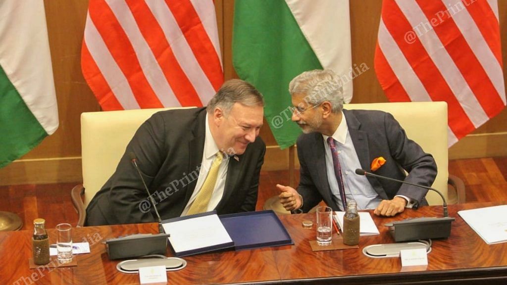 US Secretary of State Mike Pompeo with external affairs minister S. Jaishankar at a media briefing | Photo by Praveen Jain - ThePrint