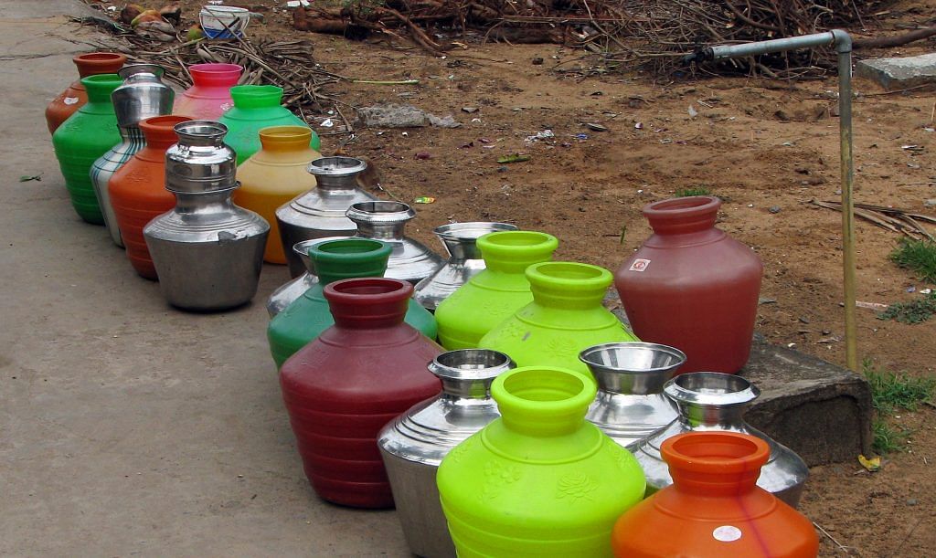 Water pots lined up for filling in Chennai
