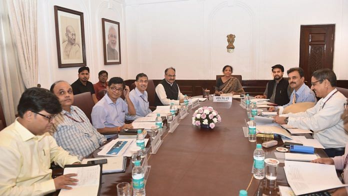 Union Finance Minister Nirmala Sitharaman with Revenue Secretary Ajay Bhushan and Minister of State for Finance and Corporate Affairs Anurag Singh Thakur during a Goods and Service Tax (GST) council meeting | PTI