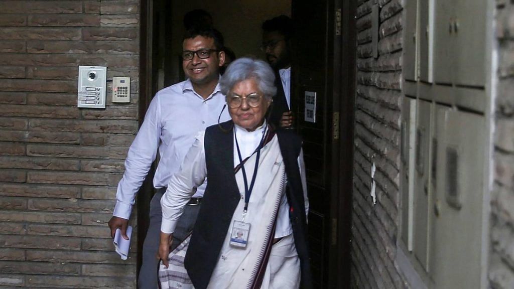 Supreme Court lawyer Indra Jaising at her residence during a raid by the CBI, in New Delhi, Thursday, July 11, 2019. The CBI raided Delhi and Mumbai homes of the Supreme Court lawyers Indira Jaising and Anand Grover for alleged violation of foreign funding rules for their Delhi-based NGO, Lawyers Collective | PTI Photo