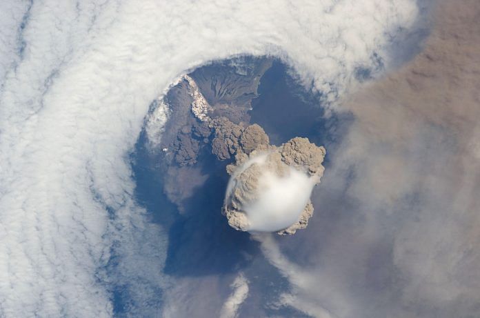 The early stage eruption of the Sarychev volcano on Kuril Island in Russia on 12 June 2009 being passed off as a photo of Earth from Chandrayaan-2. | NASA
