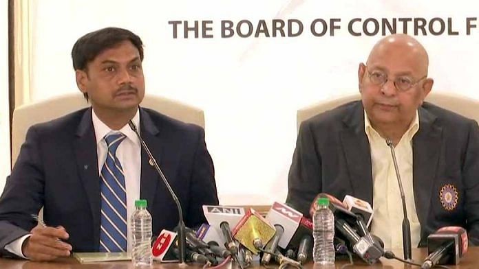 Chief selector MSK Prasad (left) with BCCI secretary Amitabh Choudhary at the World Cup team announcement in April | ANI