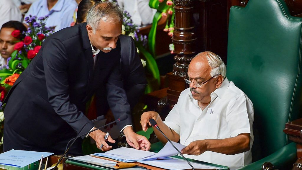 Karnataka assembly speaker KR Ramesh Kumar gets the observer's counting following vote of confidence during the Assembly Session at Vidhana Soudha in Bengaluru, Tuesday | PTI