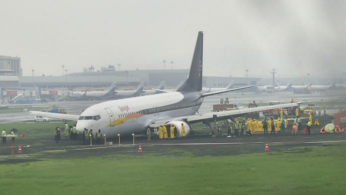 The SpiceJet plane that overshot the runway while landing at Mumbai airport amid heavy rain | File Photo | | PTI