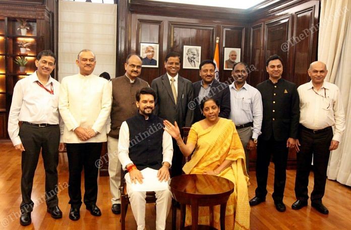 Finance Minister Nirmala Sithraman with MoS Anurag Thakur and team officials after giving the final touches to the Union Budget 2019-20 in New Delhi