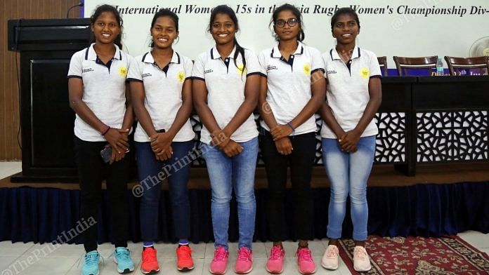 (L-R) Rajani, Meerarani, Sumitra, Hupi, and Parvati from India's womens rugby team. | Photo: Suraj Singh Bisht | ThePrint