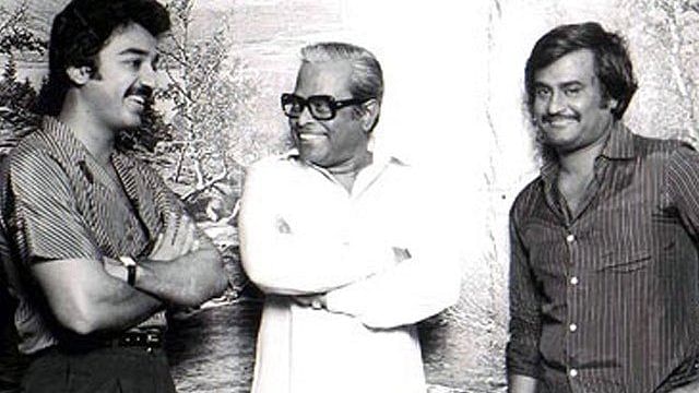 K Balachander (centre) with Kamal Haasan and Rajinikanth