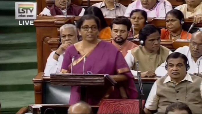 Finance Minister Nirmala Sitharaman presenting the budget in Parliament