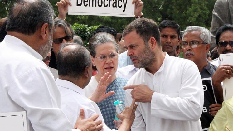 Rahul Gandhi, Sonia Gandhi and A.K. Antony engage in a conversation. | Photo: Praveen Jain | ThePrint