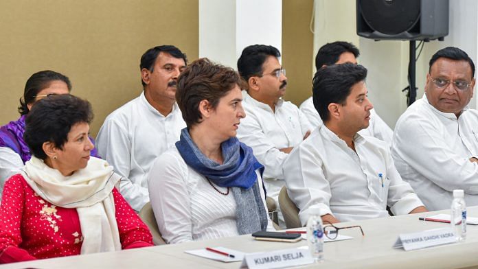 Congress party leaders (L-R) Kumari Selja, Priyanka Gandhi Vadra, Jyotiraditya Scindia and Avinash Pandey during Congress Working Committee (CWC) meeting, at AICC HQ in New Delhi | PTI