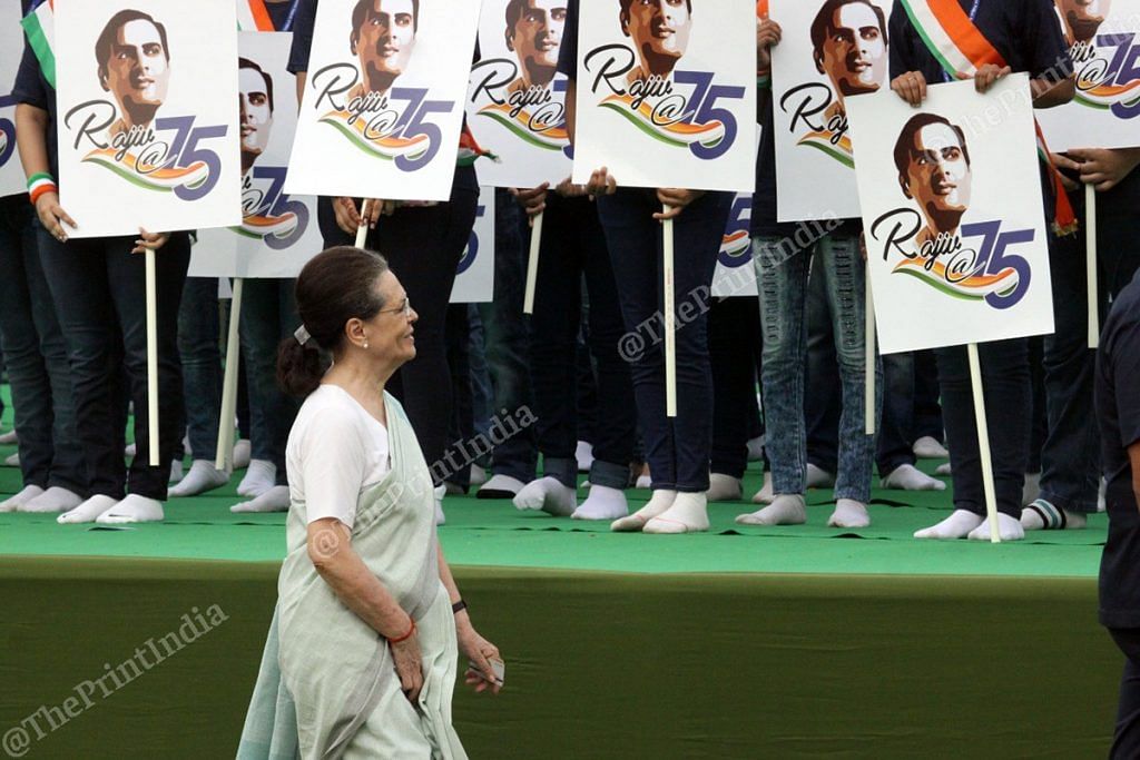 Sonia Gandhi, who was recently re-elected as Congress president, attends a prayer meeting marking the 75th birth anniversary of her late husband and PM Rajiv Gandhi | Photo: Praveen Jain | ThePrint