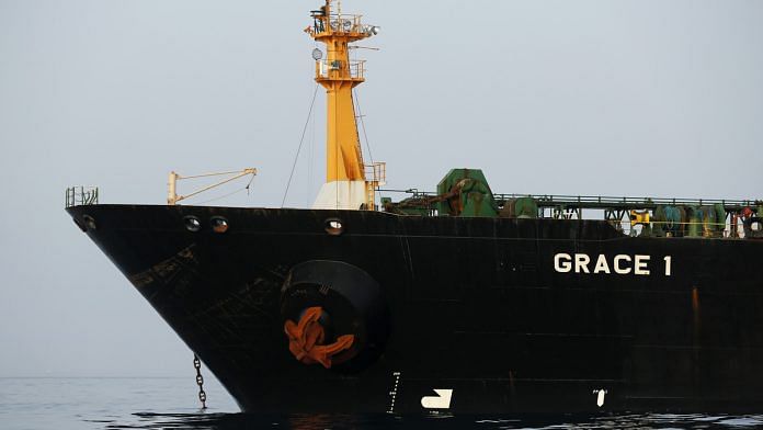 Iranian crude oil tanker, Grace 1 sits anchored off the coast of Gibraltar on July 20