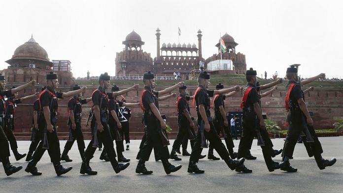 Army soldiers march during rehearsals for the 73rd Independence Day celebrations at the Red Fort, in New Delhi | PTI